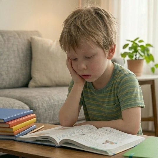Child looking frustrated while studying